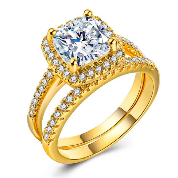 18K Gold Plated Luxury Princess Cut 3A CZ Wedding Couple Ring, FB16FA1029-10 - Picture 1 of 3